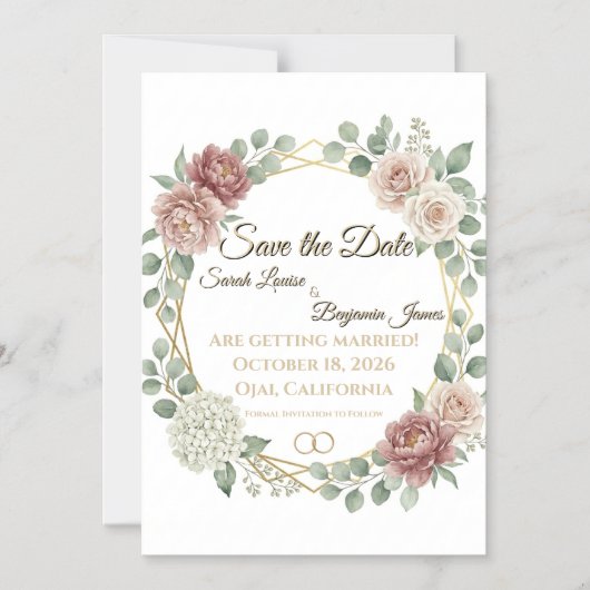 Elegant Dusty Rose Geometric Floral Watercolor  マグネット招待状 (正面)