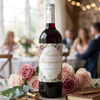 Elegant Dusty Rose Geometric Floral Watercolor  ワインラベル