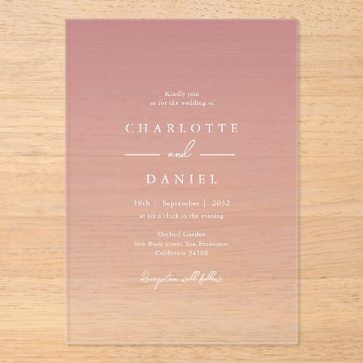 Elegant Dusty Rose Gradient Acrylic Wedding アクリル招待状 (正面)