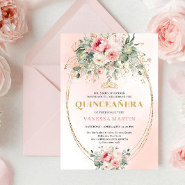 Elegant Dusty Rose Greenery Quinceañera Card 招待状