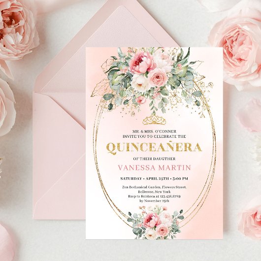 Elegant Dusty Rose Greenery Quinceañera Card 招待状