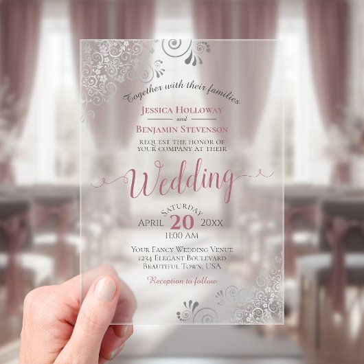 Elegant Dusty Rose & Silver Calligraphy Wedding アクリル招待状