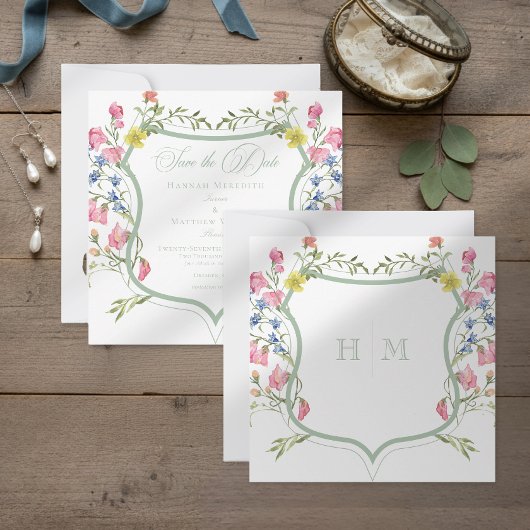 Elegant Dusty Sage Pastel Wildflower Crest Wedding セーブザデート