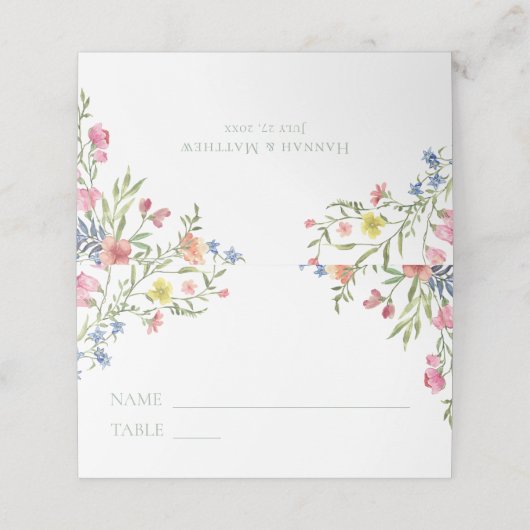 Elegant Dusty Sage Pastel Wildflower Crest Wedding プレイスカード (外部開封)