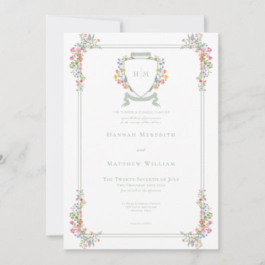 Elegant Dusty Sage Pastel Wildflower Crest Wedding 招待状 (正面)