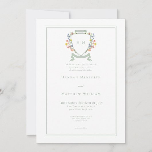 Elegant Dusty Sage Pastel Wildflower Crest Wedding 招待状 (正面)