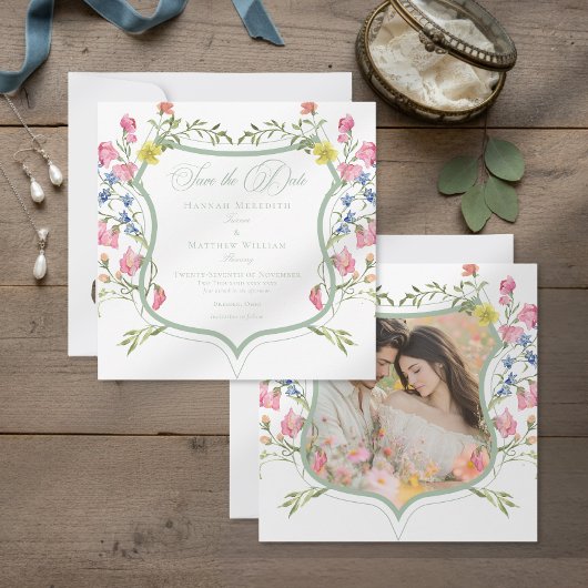 Elegant Dusty Sage Wildflower Crest Photo Wedding セーブザデート