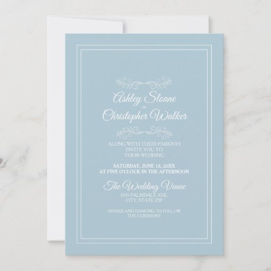 Elegant Dusty Sky Blue White QR code Wedding 招待状 (正面)