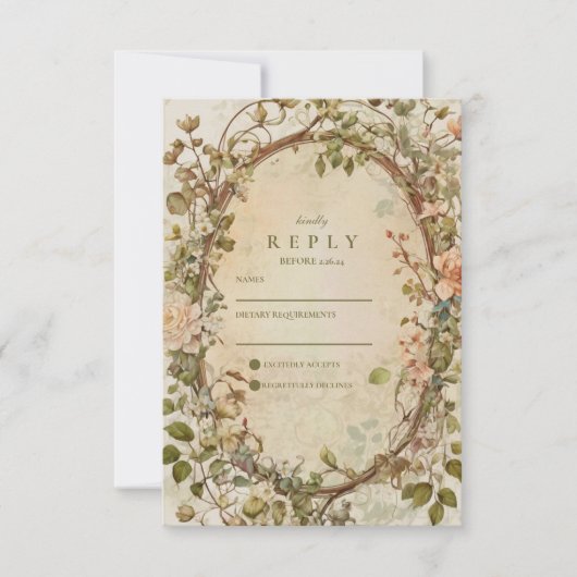 Elegant Earthy Boho Floral Arch Wedding 出欠カード (正面)