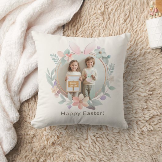 Elegant Easter Photo Pillow | Bunny Wreath Design クッション (ブランケット)