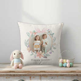 Elegant Easter Photo Pillow | Bunny Wreath Design クッション