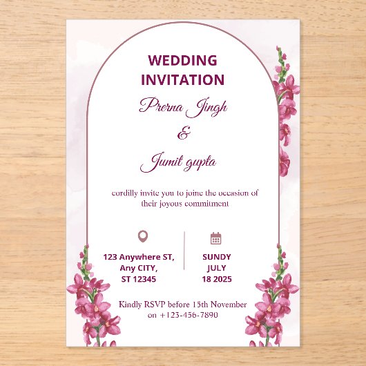 Elegant Editable Wedding Invitation | Modern Flora アクリル招待状 (正面)