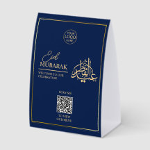Elegant Eid Mubarak テーブルテントサイン ネイビー&ゴールドQR