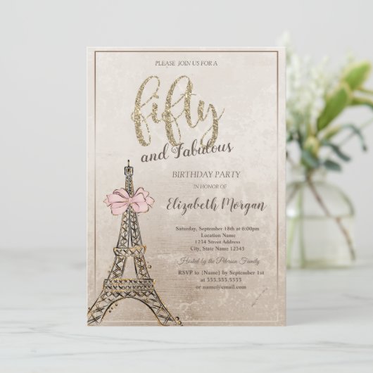 Elegant Eiffel Tower Bow 50th Birthday 招待状 (スタンド正面)