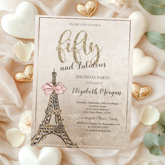 Elegant Eiffel Tower Bow 50th Birthday 招待状