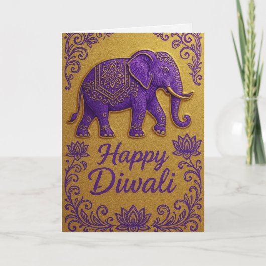 Elegant Elephant & Lotus Happy Diwali Greeting カード (正面)