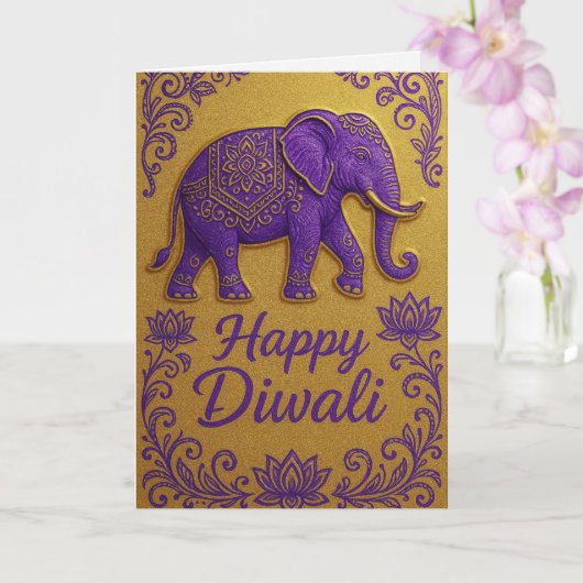 Elegant Elephant & Lotus Happy Diwali Greeting カード (蘭)