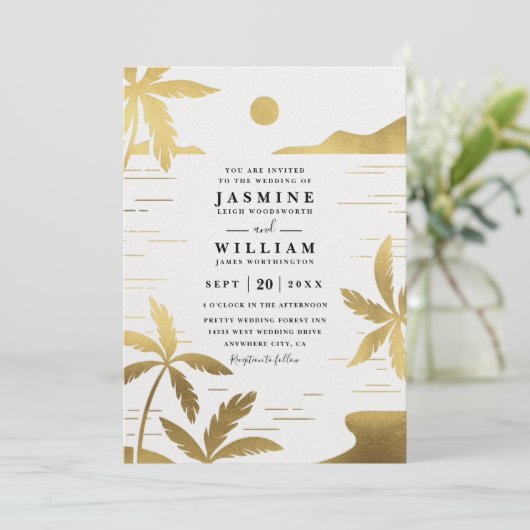 Elegant Embossed Beach Palm QR Code Wedding 招待状 (スタンド正面)