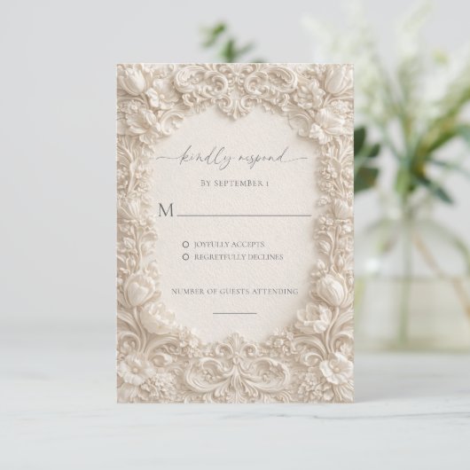 Elegant Embossed Floral Wedding Response Cards 招待状 (スタンド正面)
