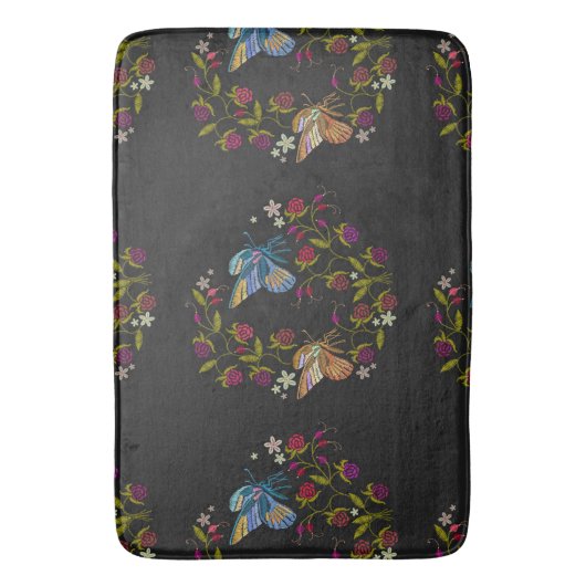 Elegant Embroidery Style Pattern Flowers Butterfly バスマット (正面縦)