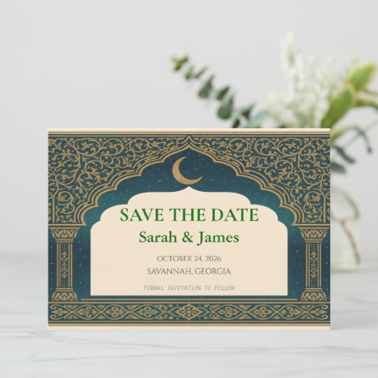 Elegant Emerald and Gold Arch Save the Date (スタンド正面)