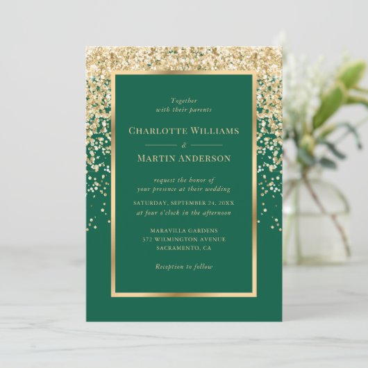 Elegant Emerald and Gold Confetti Wedding 招待状 (スタンド正面)