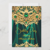 Elegant Emerald gems Gold Lace Damask Birthday 招待状 (正面)