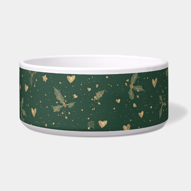 Elegant Emerald & Gold Dog Bowl – Classy Holiday ボウル (正面)