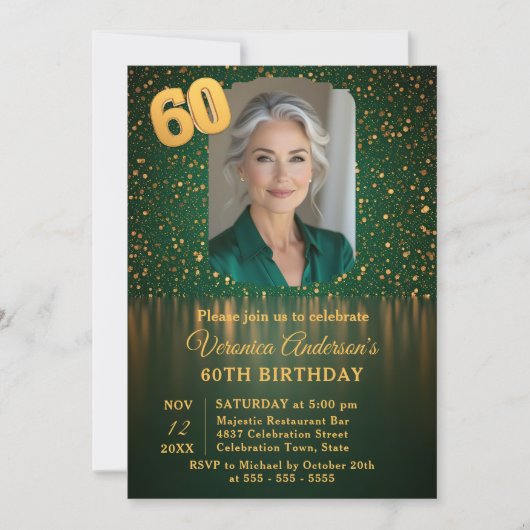 Elegant Emerald Gold Glitter 60th Birthday Party 招待状 (正面)