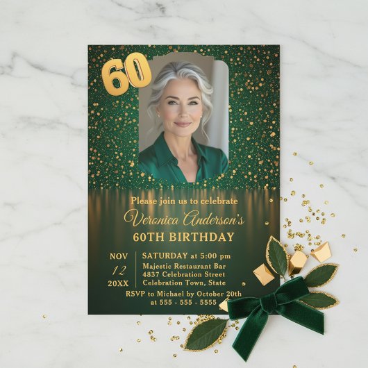 Elegant Emerald Gold Glitter 60th Birthday Party 招待状