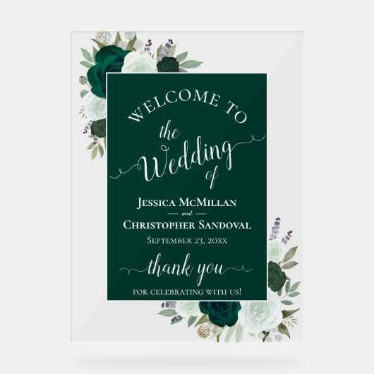 Elegant Emerald Green Boho Roses Wedding Welcome アクリルサイン (正面)