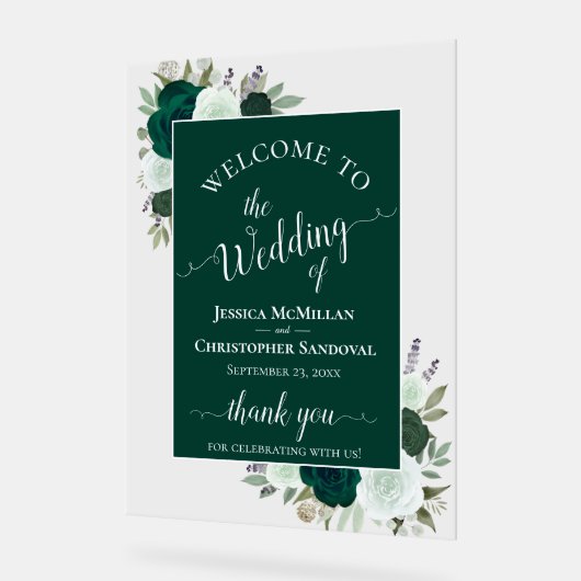 Elegant Emerald Green Boho Roses Wedding Welcome アクリルサイン (傾斜)