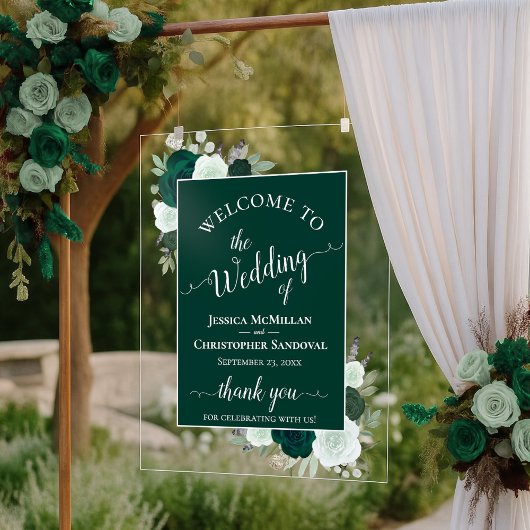 Elegant Emerald Green Boho Roses Wedding Welcome アクリルサイン