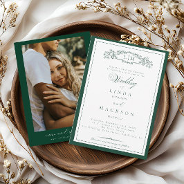 Elegant Emerald Green  Crest Monogram Wedding   In 招待状
