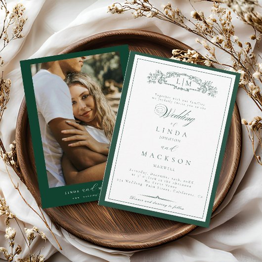 Elegant Emerald Green  Crest Monogram Wedding   In 招待状