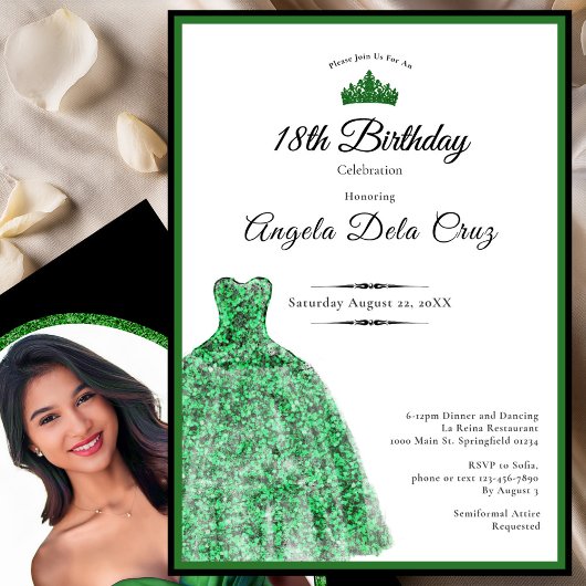 Elegant emerald green dress 18th birthday debut 招待状