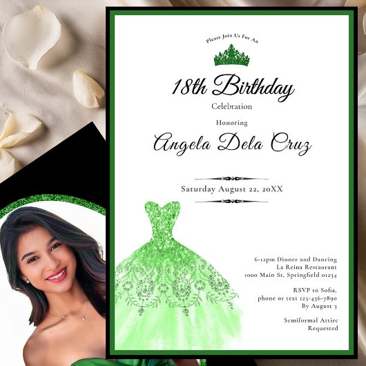 Elegant emerald green dress 18th birthday debut 招待状