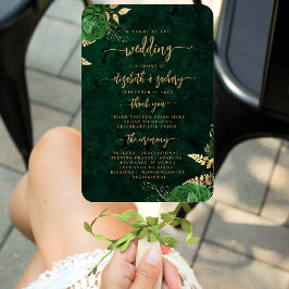 Elegant Emerald Green Floral Agate Wedding Program ハンドファン