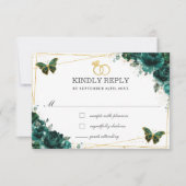 Elegant Emerald Green Floral Butterflies Wedding 出欠カード (正面)