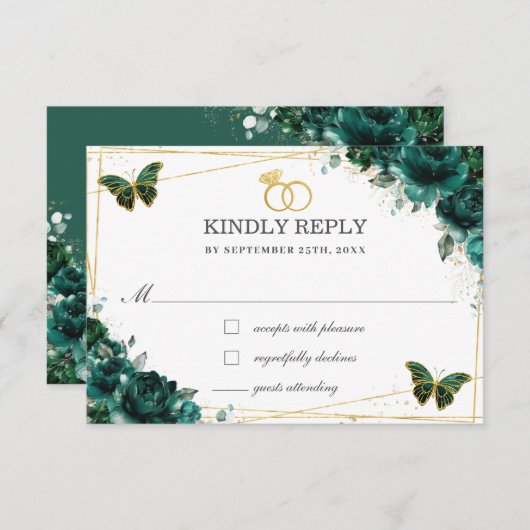 Elegant Emerald Green Floral Butterflies Wedding 出欠カード (正面/裏面)
