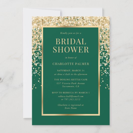 Elegant Emerald Green Gold Confetti Bridal Shower 招待状 (正面)