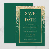 Elegant Emerald Green Gold Confetti Wedding セーブザデート (正面/裏面)