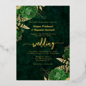 Elegant Emerald Green Gold Floral Wedding 箔招待状 (正面)