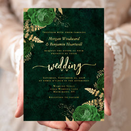 Elegant Emerald Green Gold Floral Wedding 箔招待状