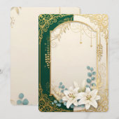 Elegant Emerald Green & Gold Lily Wedding Invitati 招待状 (正面/裏面)