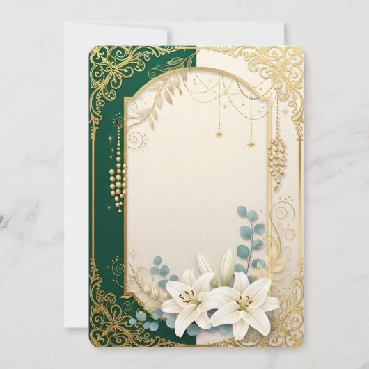 Elegant Emerald Green & Gold Lily Wedding Invitati 招待状 (正面)