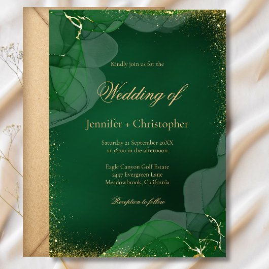 Elegant Emerald Green Gold Marble Wedding 招待状