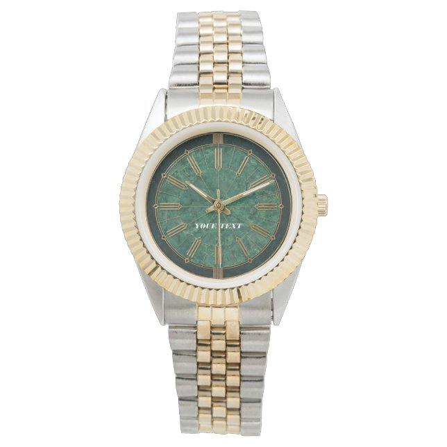 Elegant Emerald Green Marble & Gold Art Deco Watch 腕時計 (正面)