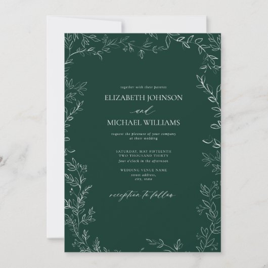 Elegant Emerald Green Minimal Leaf Details Wedding 招待状 (正面)