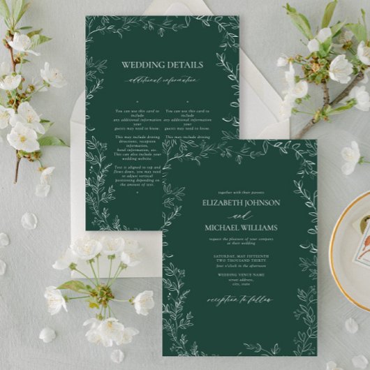 Elegant Emerald Green Minimal Leaf Details Wedding 招待状